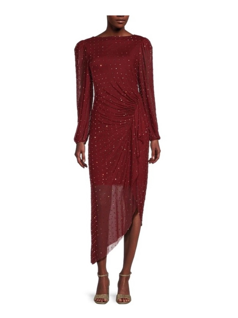 Alex Marie Wine Red Long-Sleeve Asymmetric Midi Dress